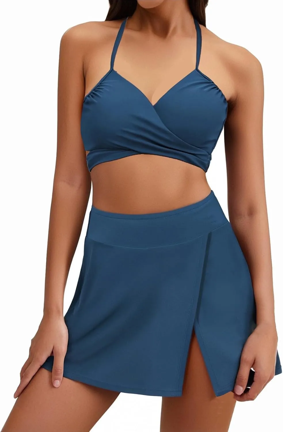 Womens Bathing Suits with Skirt Solid Color V Neck High Waisted Split Bikini Sets Tummy Control Strappy Swimsuits