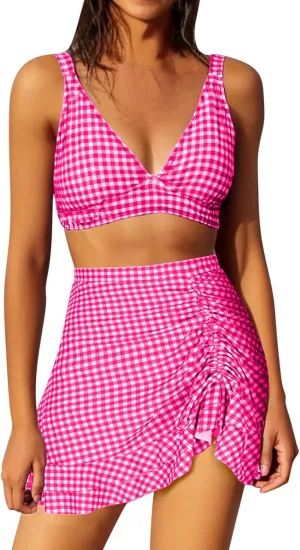 Womens Bathing Suits with Skirt Solid Color V Neck High Waisted Split Bikini Sets Tummy Control Strappy Swimsuits
