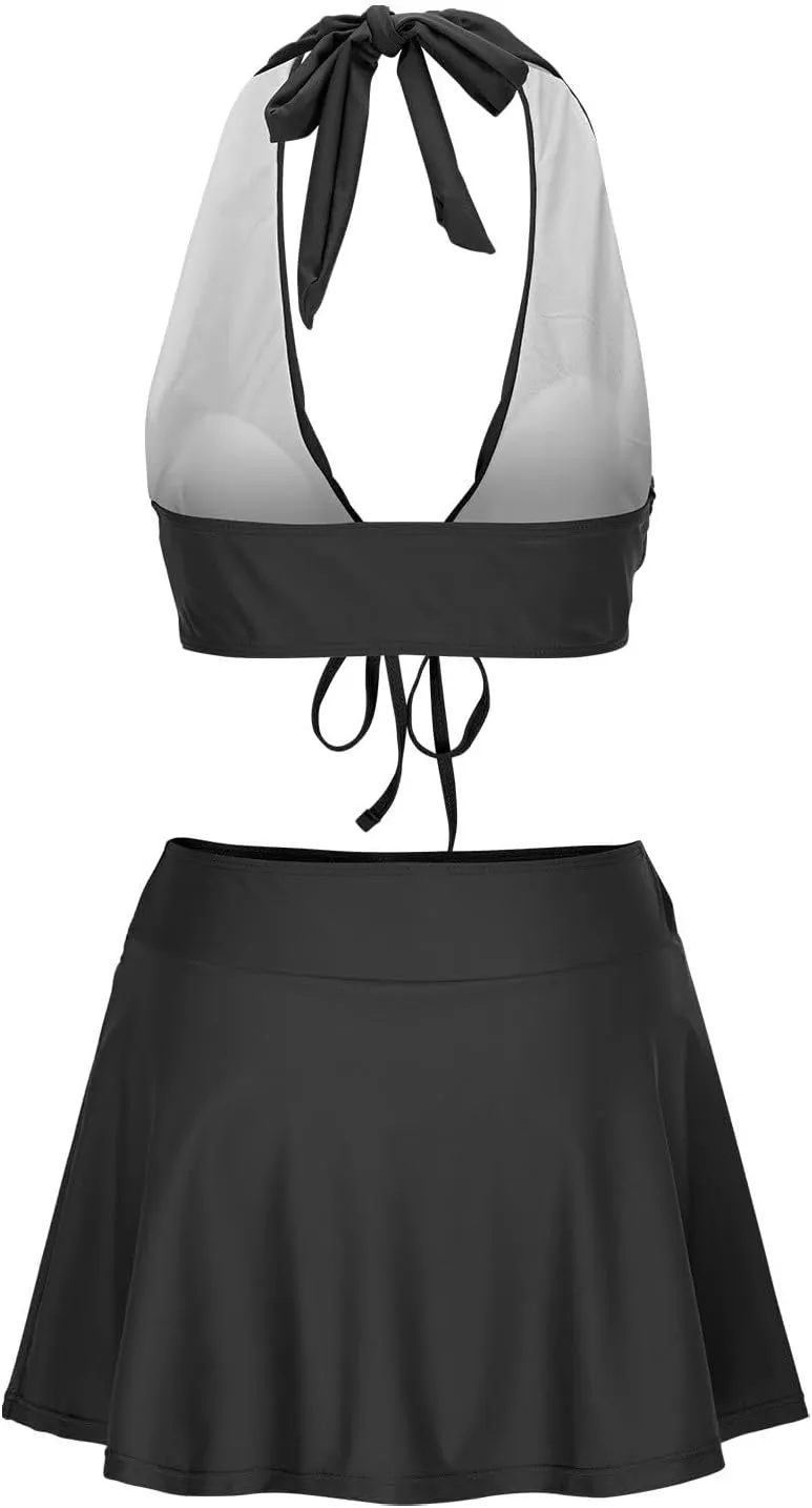 Womens Bathing Suits with Skirt Solid Color V Neck High Waisted Split Bikini Sets Tummy Control Strappy Swimsuits