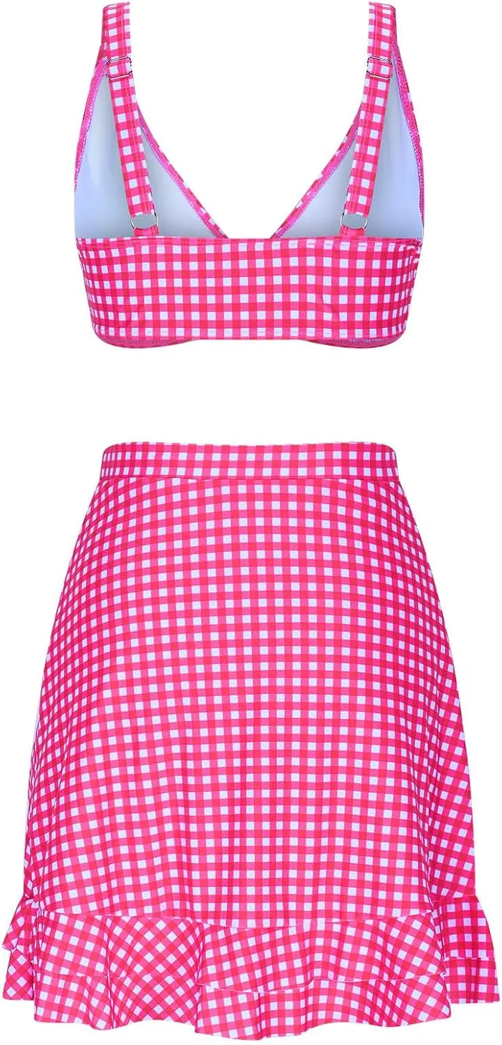 Womens Bathing Suits with Skirt Solid Color V Neck High Waisted Split Bikini Sets Tummy Control Strappy Swimsuits
