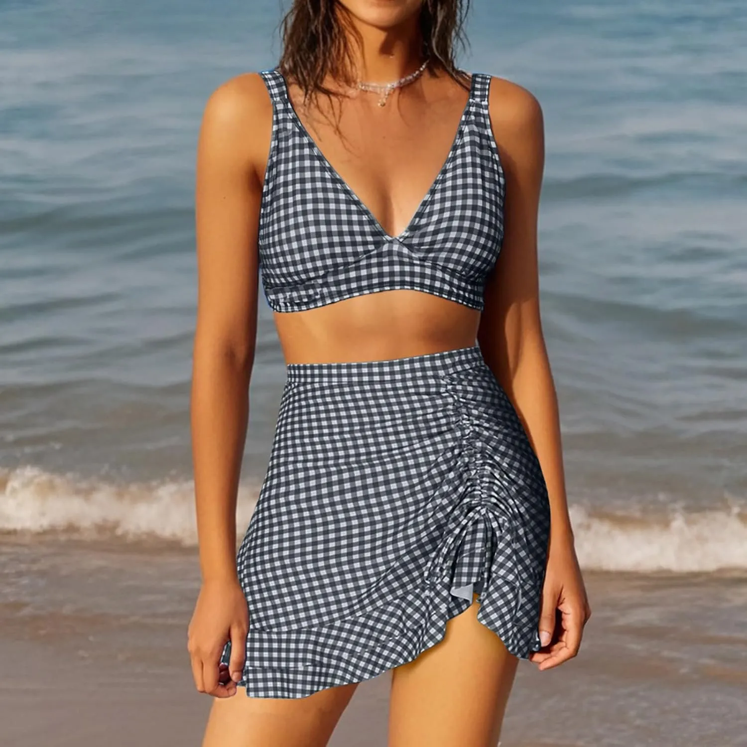 Womens Bathing Suits with Skirt Solid Color V Neck High Waisted Split Bikini Sets Tummy Control Strappy Swimsuits