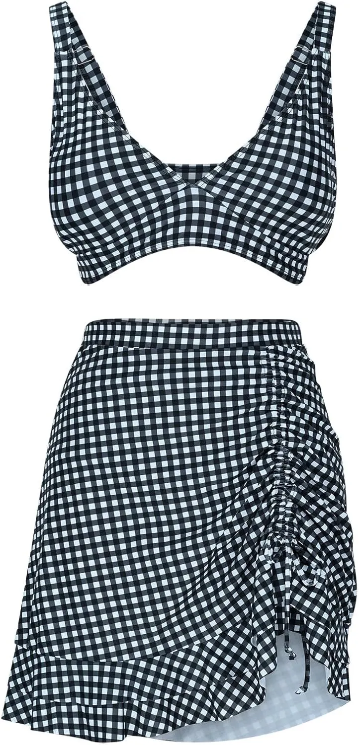 Womens Bathing Suits with Skirt Solid Color V Neck High Waisted Split Bikini Sets Tummy Control Strappy Swimsuits