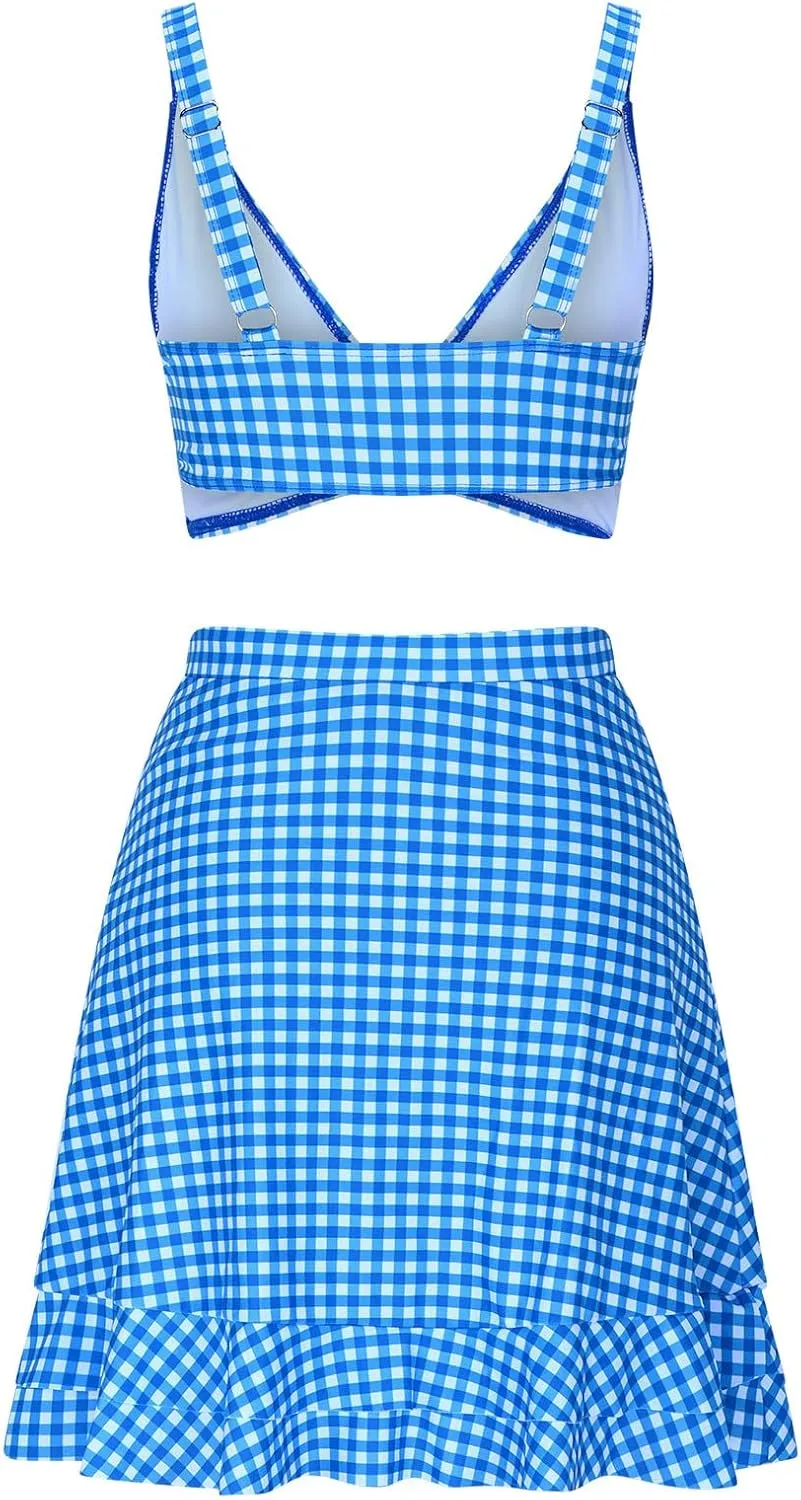 Womens Bathing Suits with Skirt Solid Color V Neck High Waisted Split Bikini Sets Tummy Control Strappy Swimsuits