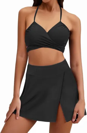 Womens Bathing Suits with Skirt Solid Color V Neck High Waisted Split Bikini Sets Tummy Control Strappy Swimsuits