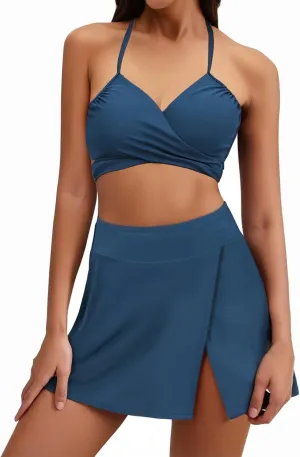Womens Bathing Suits with Skirt Solid Color V Neck High Waisted Split Bikini Sets Tummy Control Strappy Swimsuits