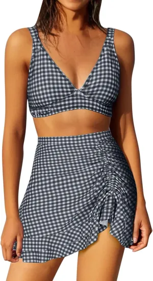 Womens Bathing Suits with Skirt Solid Color V Neck High Waisted Split Bikini Sets Tummy Control Strappy Swimsuits