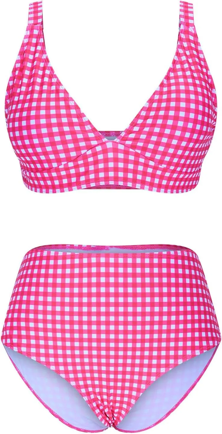 Womens Bathing Suits with Skirt Solid Color V Neck High Waisted Split Bikini Sets Tummy Control Strappy Swimsuits