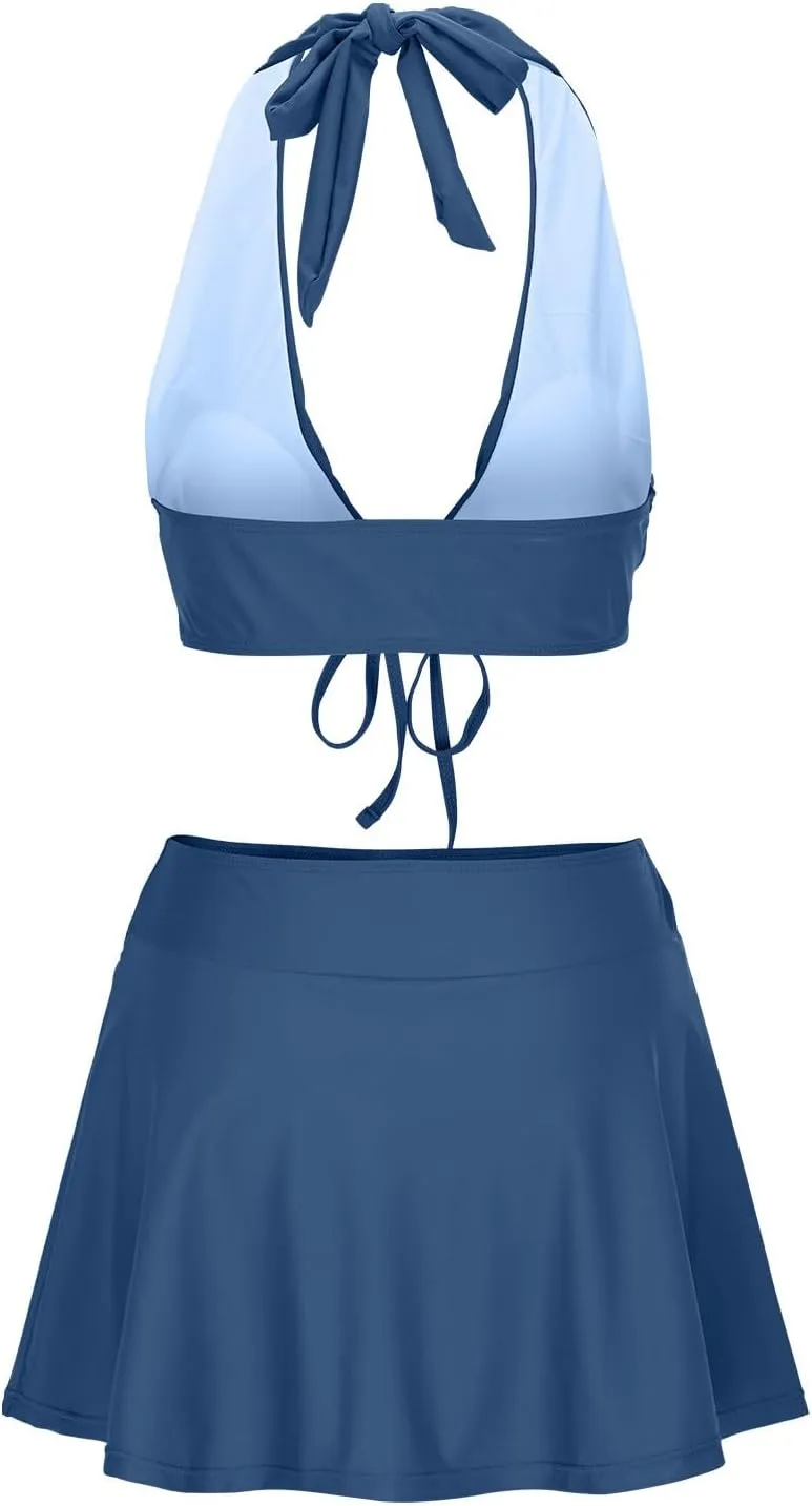 Womens Bathing Suits with Skirt Solid Color V Neck High Waisted Split Bikini Sets Tummy Control Strappy Swimsuits