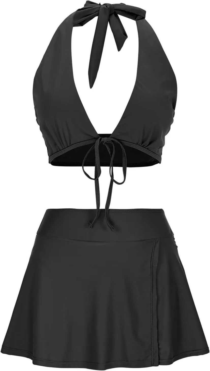 Womens Bathing Suits with Skirt Solid Color V Neck High Waisted Split Bikini Sets Tummy Control Strappy Swimsuits