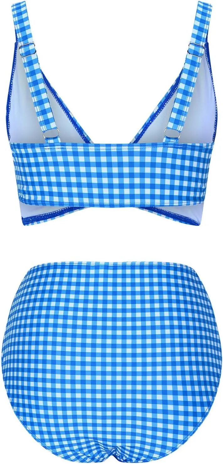 Womens Bathing Suits with Skirt Solid Color V Neck High Waisted Split Bikini Sets Tummy Control Strappy Swimsuits