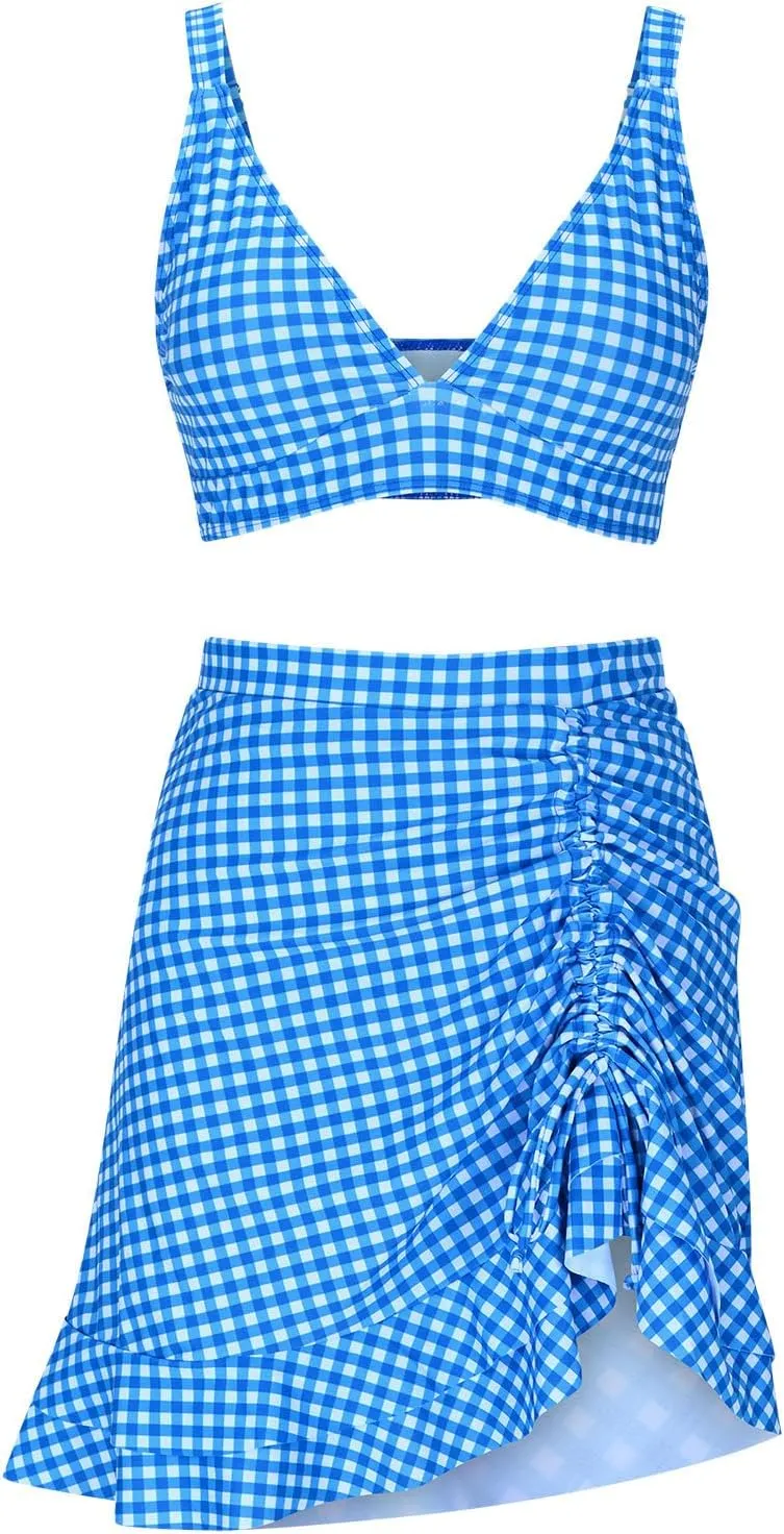 Womens Bathing Suits with Skirt Solid Color V Neck High Waisted Split Bikini Sets Tummy Control Strappy Swimsuits