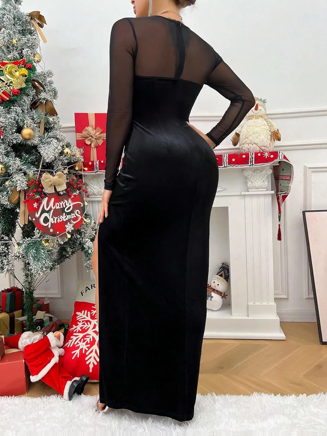 Womens Bodycon Sleeveless Dress Solid High Slit Sequins Maxi Party Dress