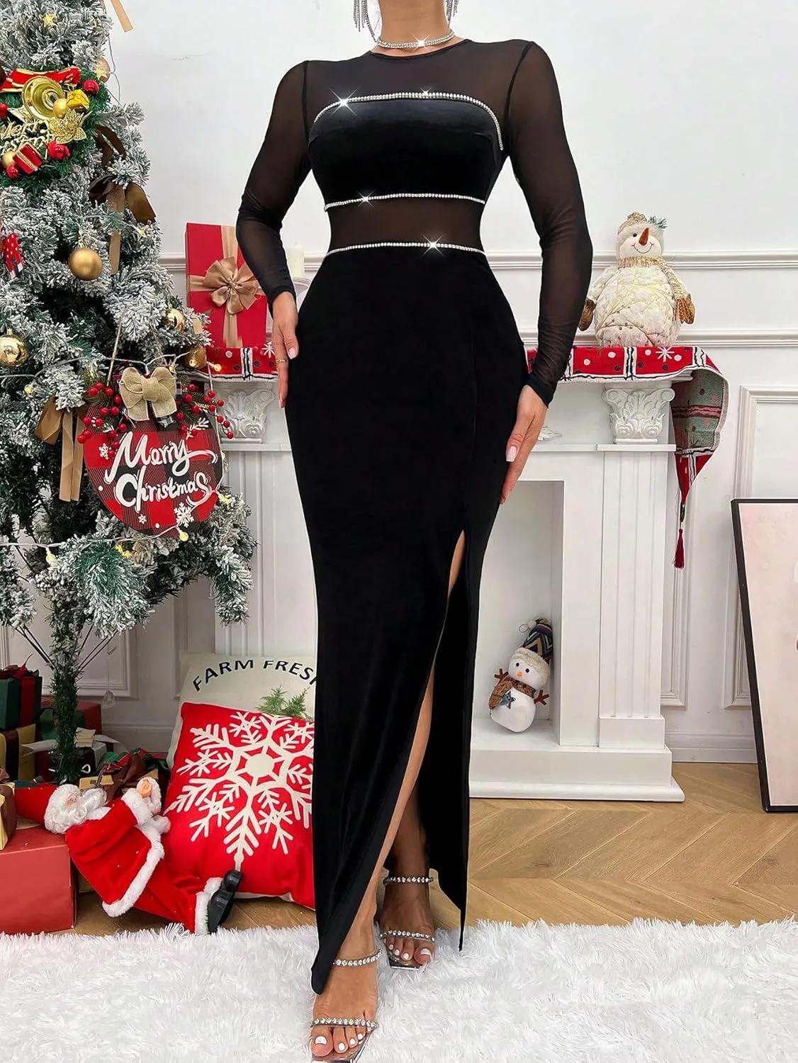 Womens Bodycon Sleeveless Dress Solid High Slit Sequins Maxi Party Dress
