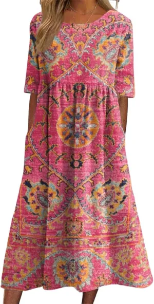 Womens Bohemian Print Ruched Roud Neck Short Sleeve Midi Dress 2025 Summer Casual Loose Fit Wear