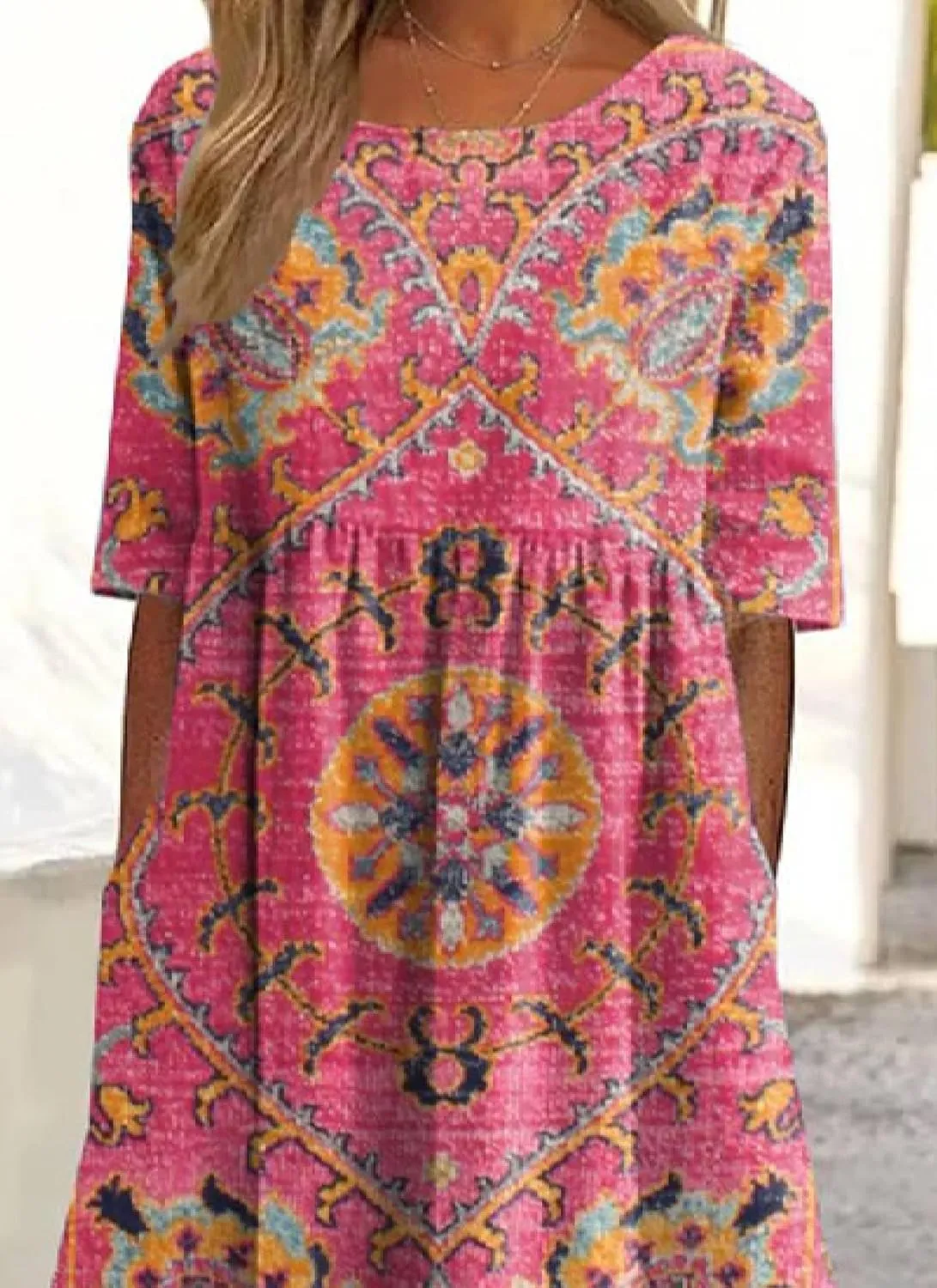 Womens Bohemian Print Ruched Roud Neck Short Sleeve Midi Dress 2025 Summer Casual Loose Fit Wear