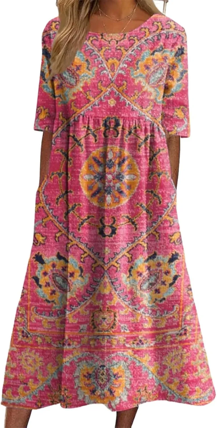 Womens Bohemian Print Ruched Roud Neck Short Sleeve Midi Dress 2025 Summer Casual Loose Fit Wear