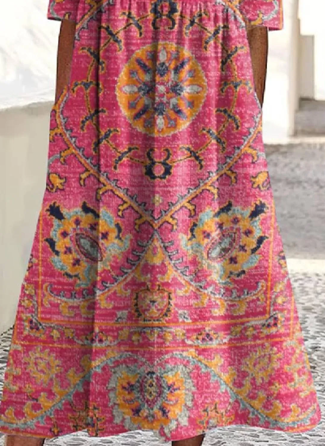 Womens Bohemian Print Ruched Roud Neck Short Sleeve Midi Dress 2025 Summer Casual Loose Fit Wear