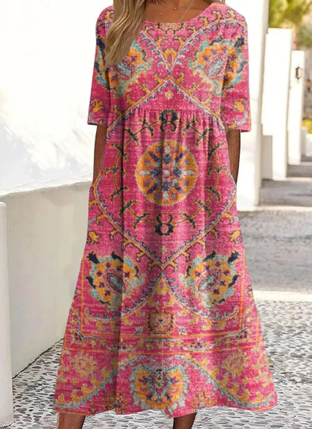 Womens Bohemian Print Ruched Roud Neck Short Sleeve Midi Dress 2025 Summer Casual Loose Fit Wear