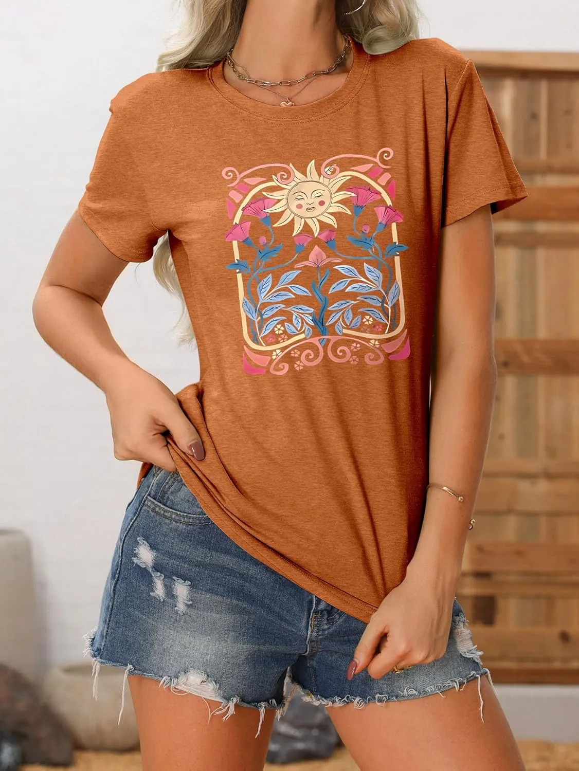 Women's Boho Wildflower Floral Shirts Vintage Graphic Loose Tees Short Sleeve Casual T Shirt Tops
