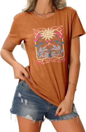 Women's Boho Wildflower Floral Shirts Vintage Graphic Loose Tees Short Sleeve Casual T Shirt Tops