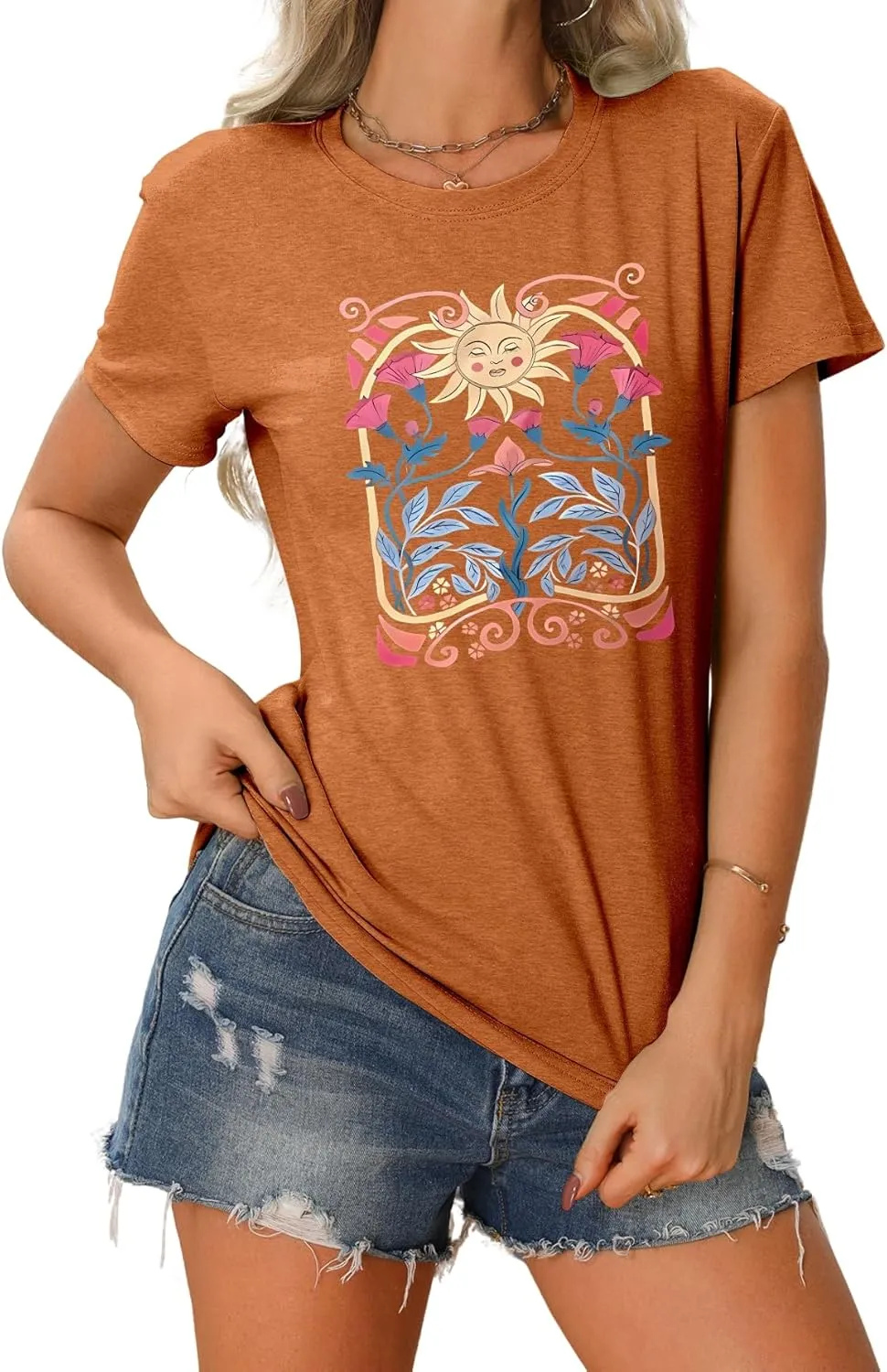 Women's Boho Wildflower Floral Shirts Vintage Graphic Loose Tees Short Sleeve Casual T Shirt Tops