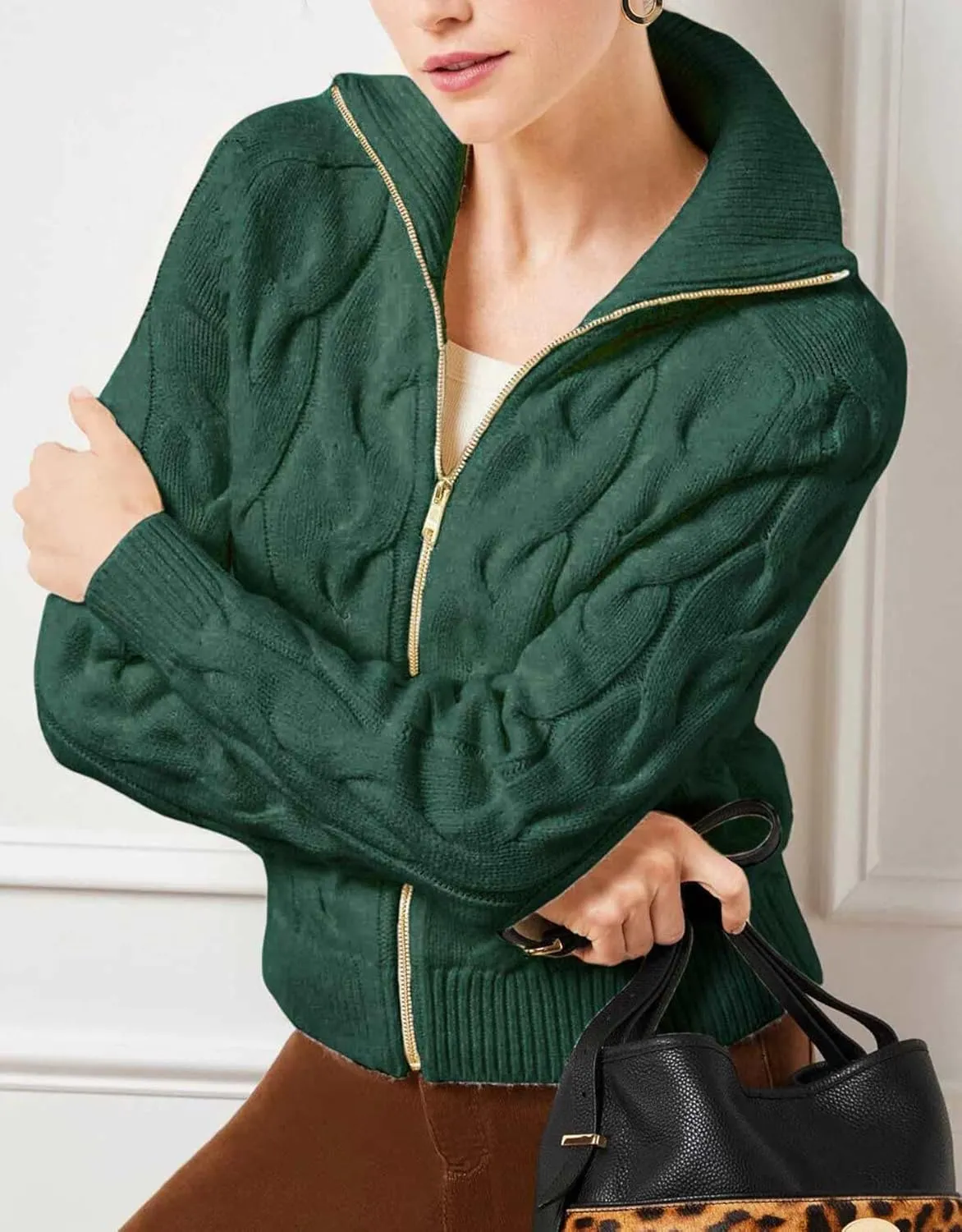 Women's Cable Knit Zip Front Cardigan Long Sleeve Turtleneck Open Front Outerwear Sweaters Coat