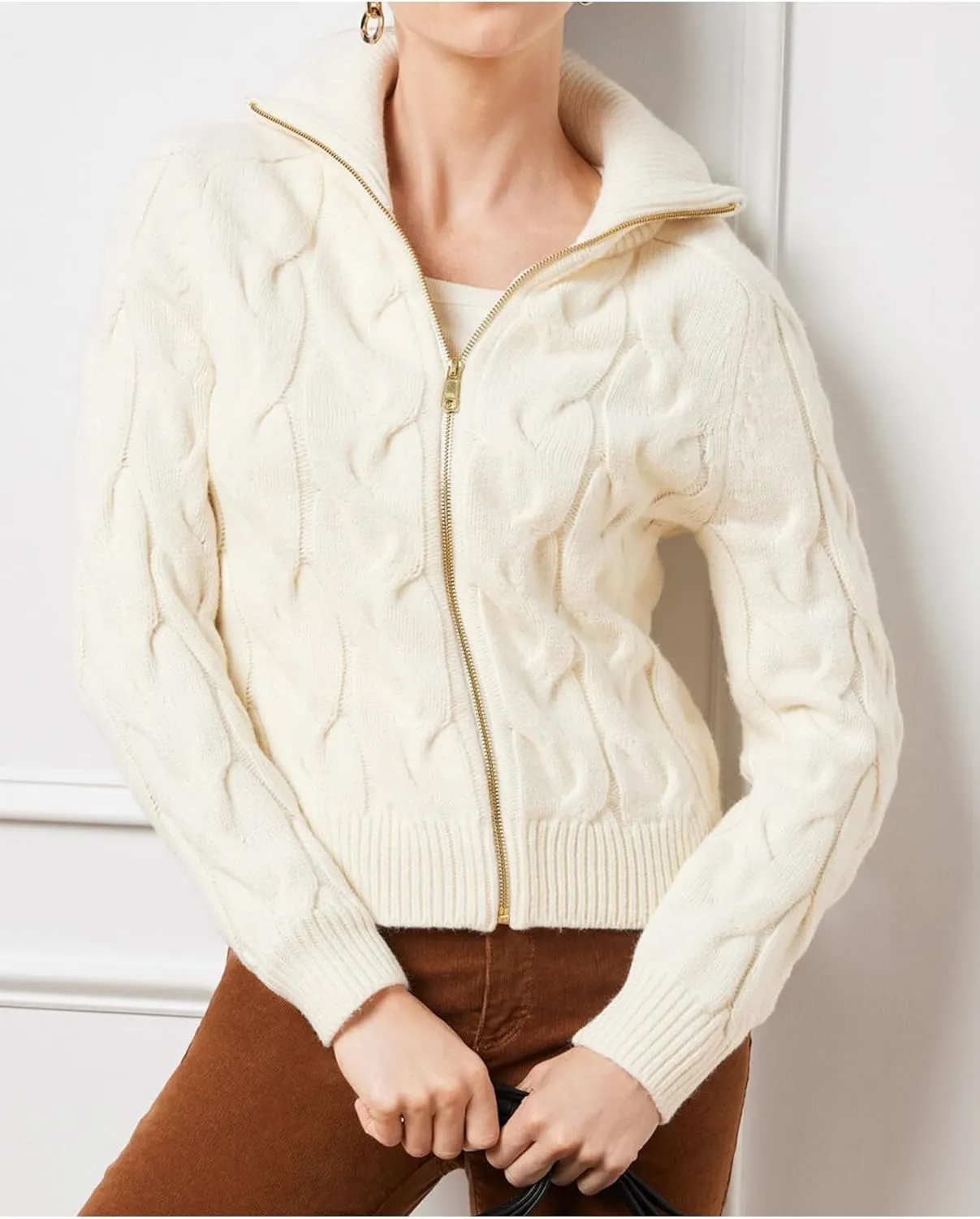 Women's Cable Knit Zip Front Cardigan Long Sleeve Turtleneck Open Front Outerwear Sweaters Coat