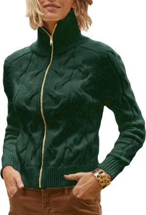 Women's Cable Knit Zip Front Cardigan Long Sleeve Turtleneck Open Front Outerwear Sweaters Coat