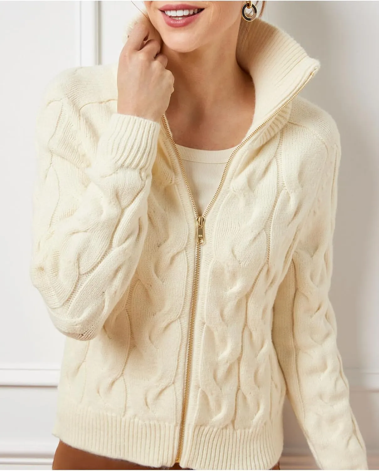 Women's Cable Knit Zip Front Cardigan Long Sleeve Turtleneck Open Front Outerwear Sweaters Coat