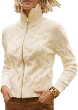 Women's Cable Knit Zip Front Cardigan Long Sleeve Turtleneck Open Front Outerwear Sweaters Coat