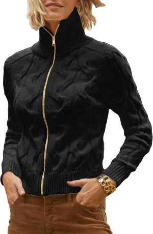 Women's Cable Knit Zip Front Cardigan Long Sleeve Turtleneck Open Front Outerwear Sweaters Coat