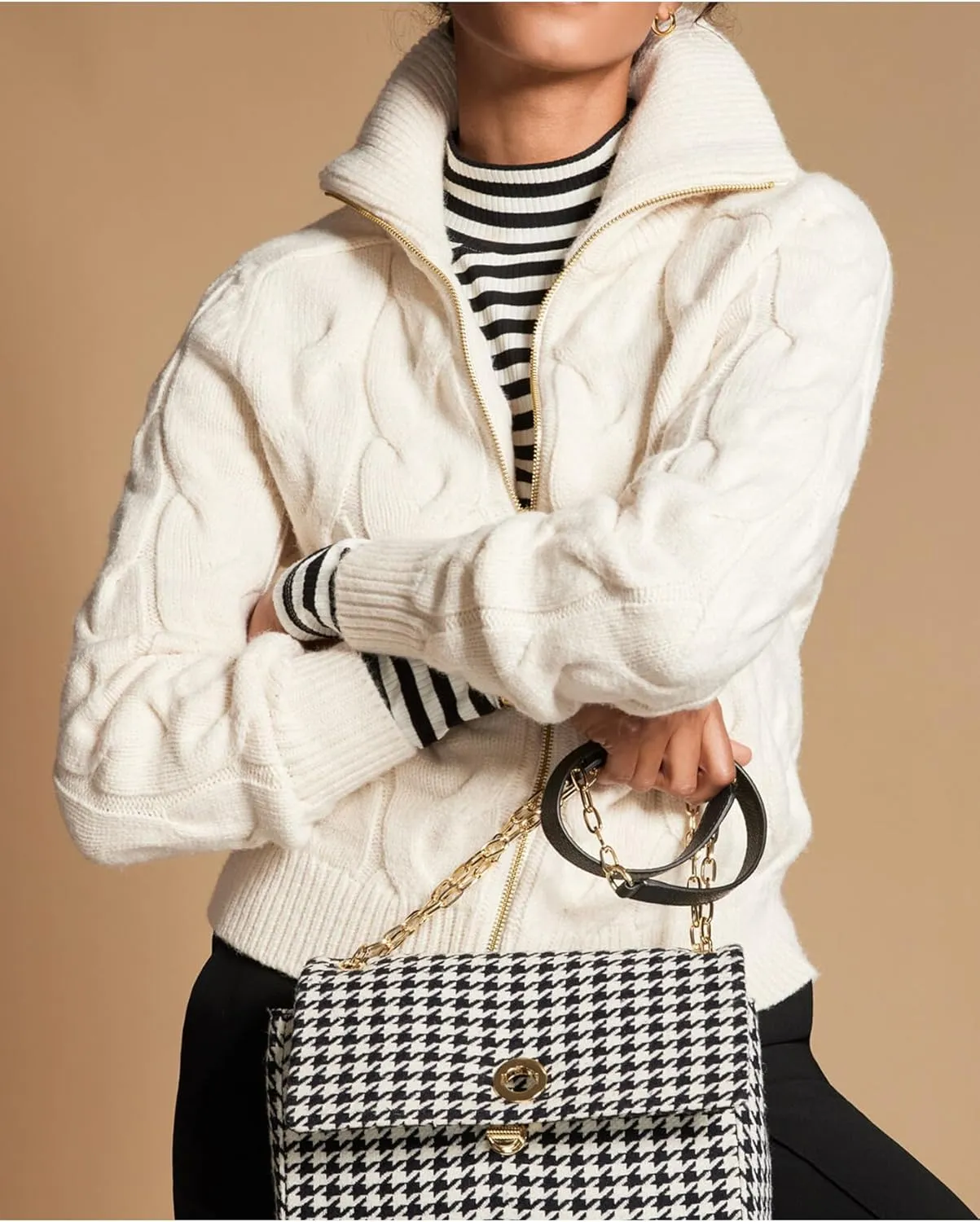 Women's Cable Knit Zip Front Cardigan Long Sleeve Turtleneck Open Front Outerwear Sweaters Coat