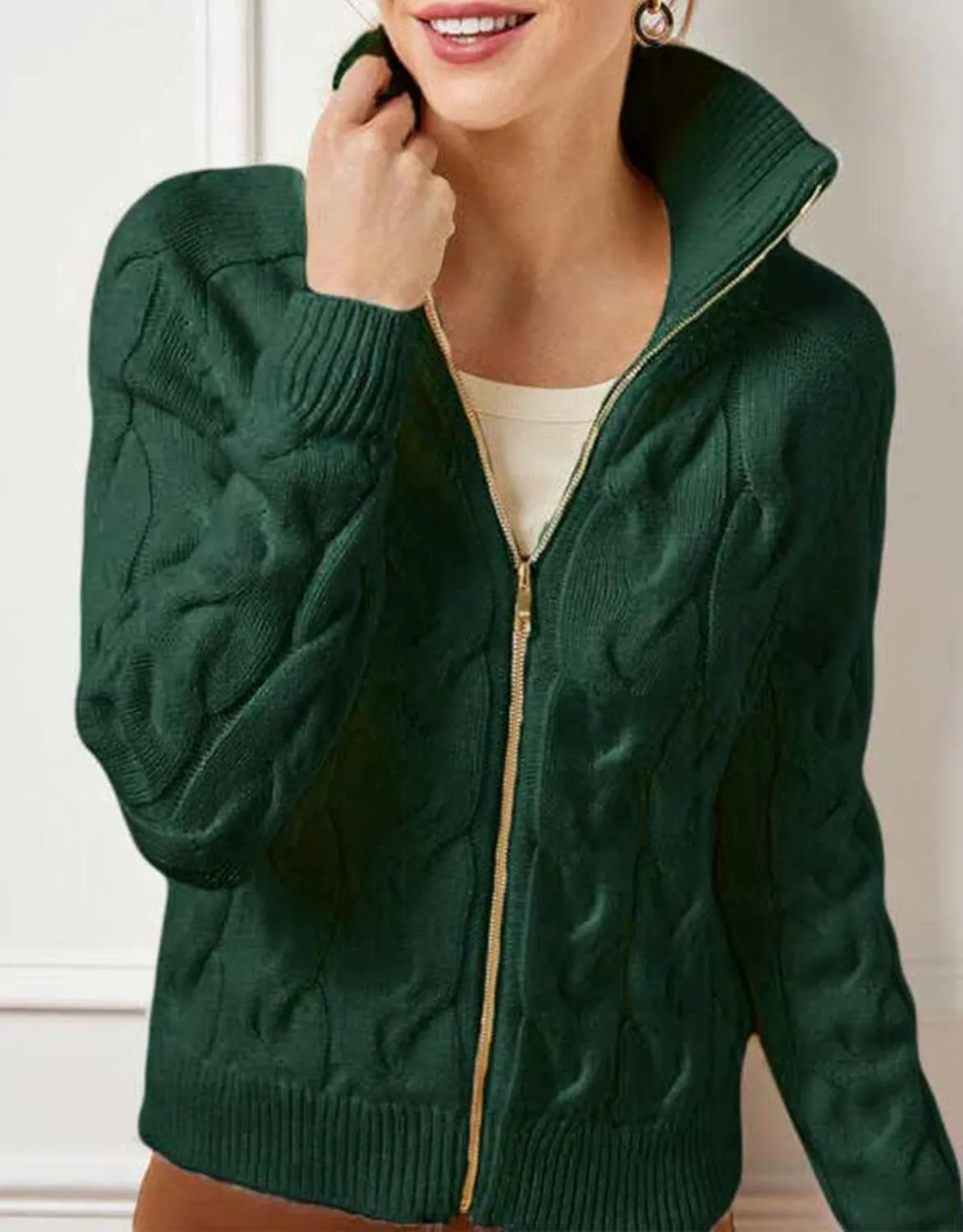 Women's Cable Knit Zip Front Cardigan Long Sleeve Turtleneck Open Front Outerwear Sweaters Coat