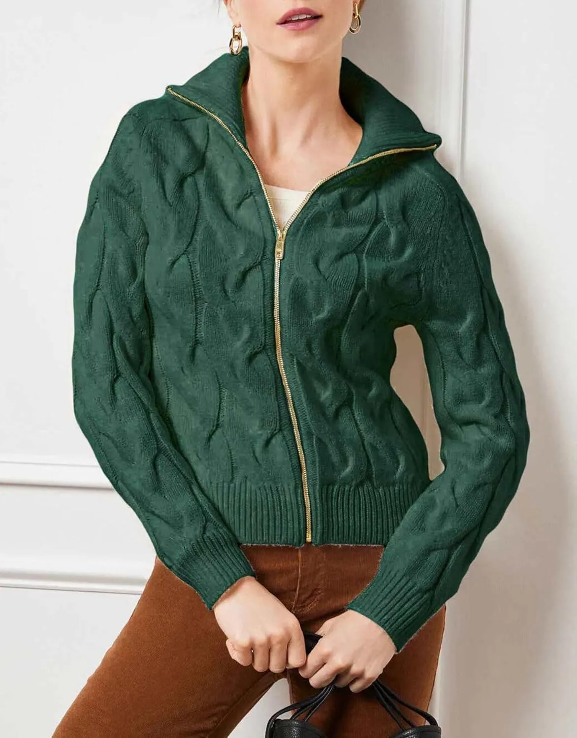 Women's Cable Knit Zip Front Cardigan Long Sleeve Turtleneck Open Front Outerwear Sweaters Coat