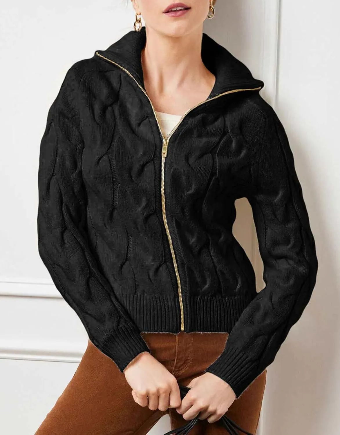 Women's Cable Knit Zip Front Cardigan Long Sleeve Turtleneck Open Front Outerwear Sweaters Coat
