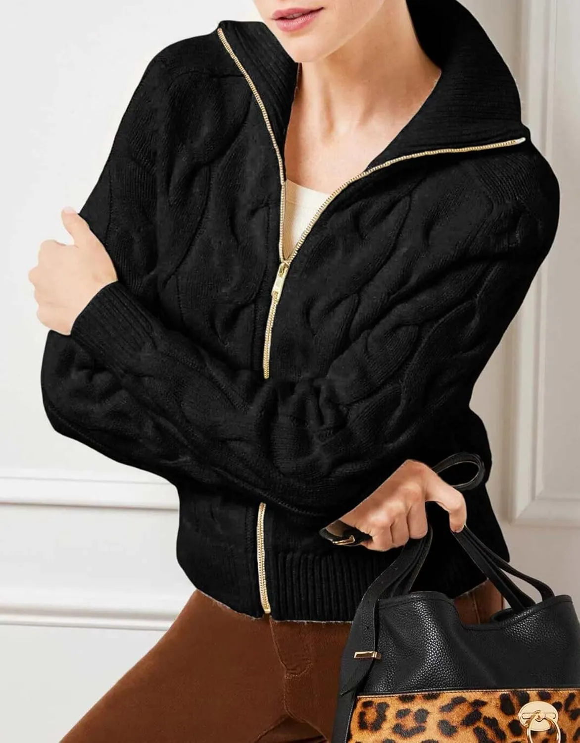 Women's Cable Knit Zip Front Cardigan Long Sleeve Turtleneck Open Front Outerwear Sweaters Coat