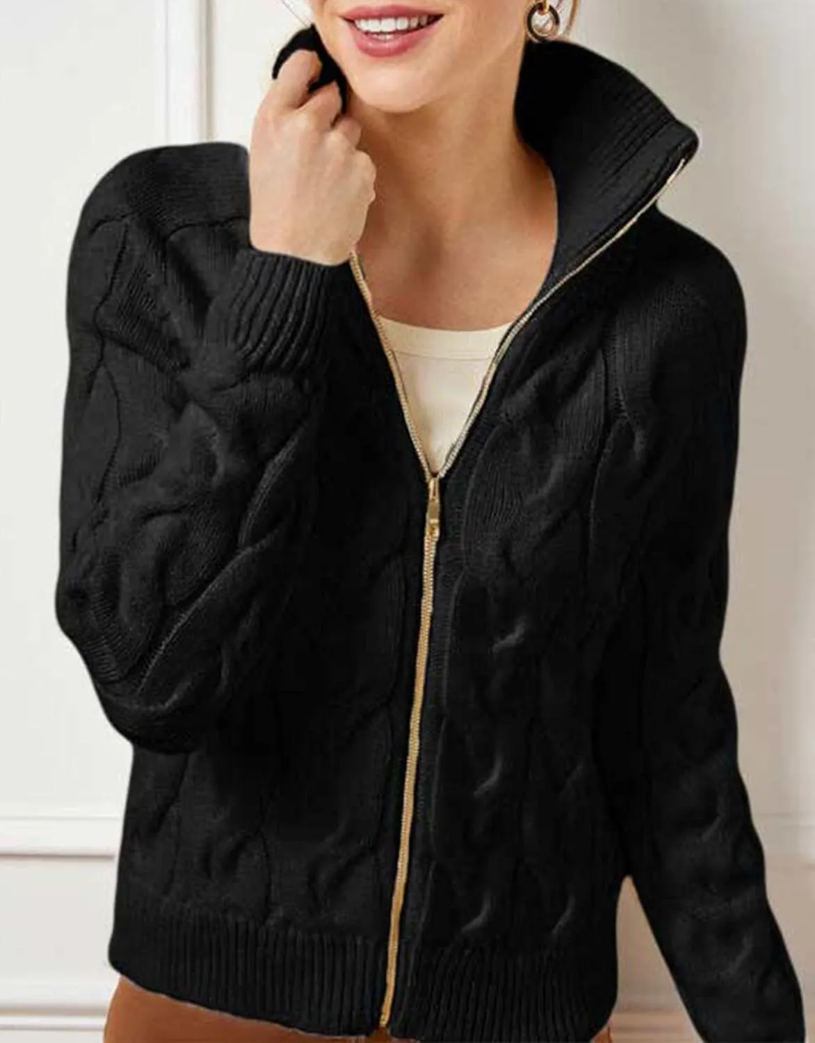 Women's Cable Knit Zip Front Cardigan Long Sleeve Turtleneck Open Front Outerwear Sweaters Coat