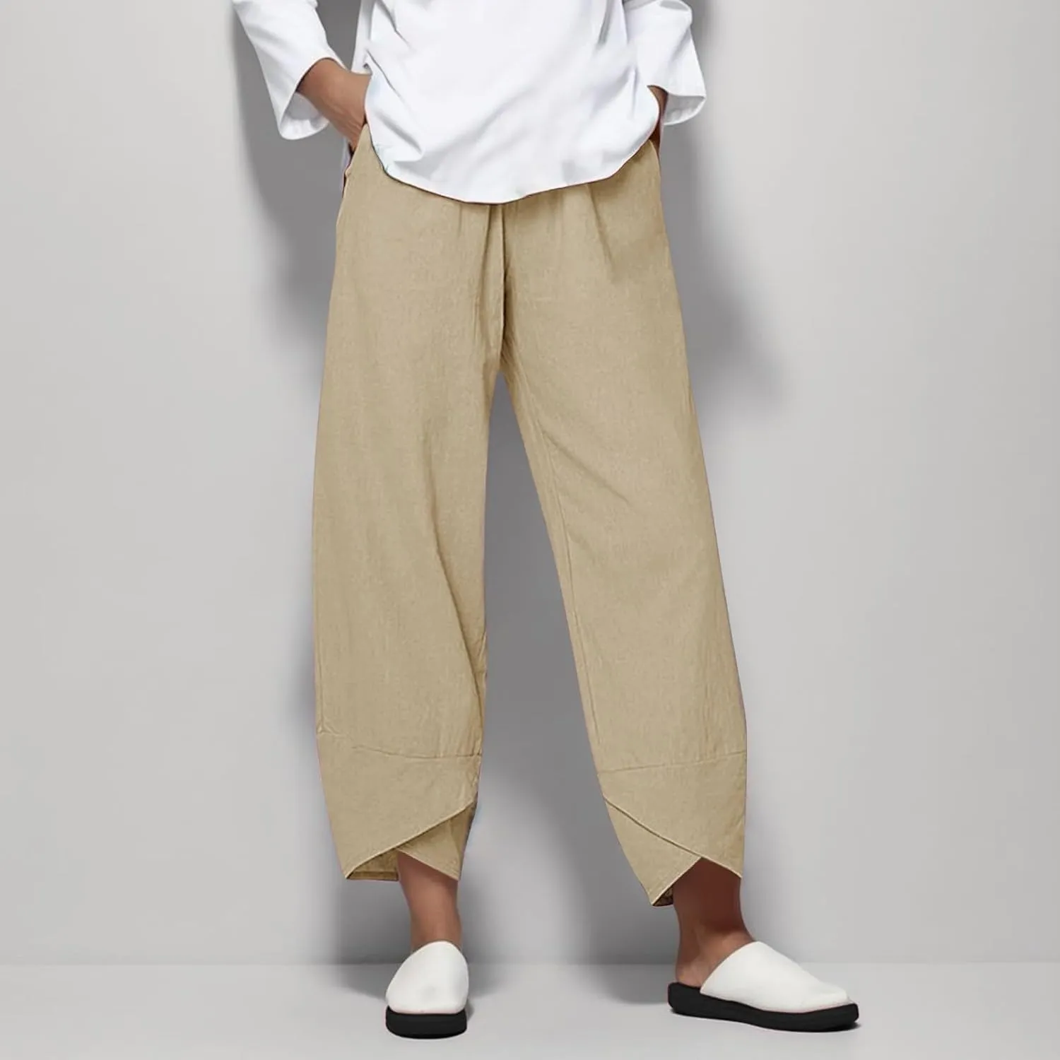Womens Capri Linen Pants Casual Summer Baggy Wide Leg Beach Pants Elastic High Waist Palazzo Lounge Cropped Trousers