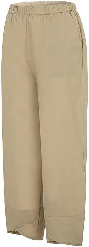 Womens Capri Linen Pants Casual Summer Baggy Wide Leg Beach Pants Elastic High Waist Palazzo Lounge Cropped Trousers
