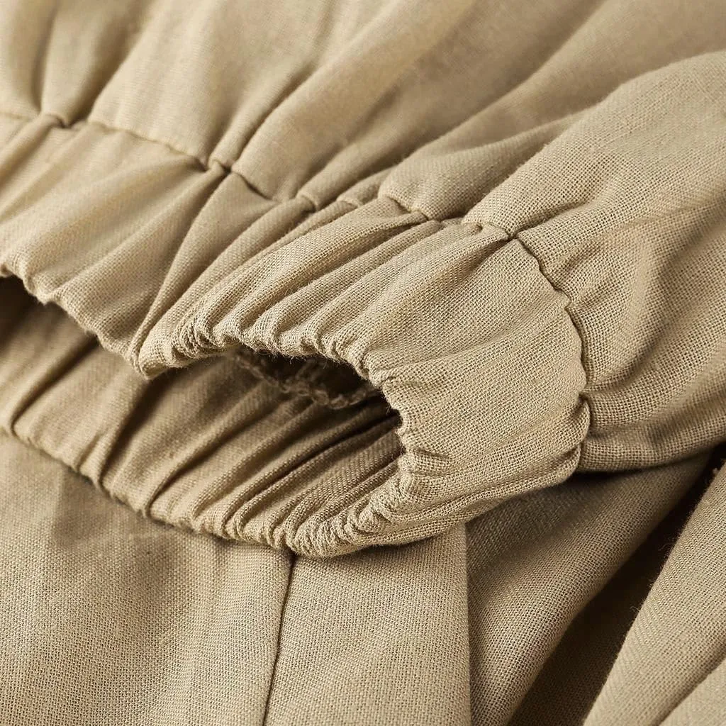 Womens Capri Linen Pants Casual Summer Baggy Wide Leg Beach Pants Elastic High Waist Palazzo Lounge Cropped Trousers