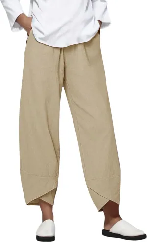 Womens Capri Linen Pants Casual Summer Baggy Wide Leg Beach Pants Elastic High Waist Palazzo Lounge Cropped Trousers