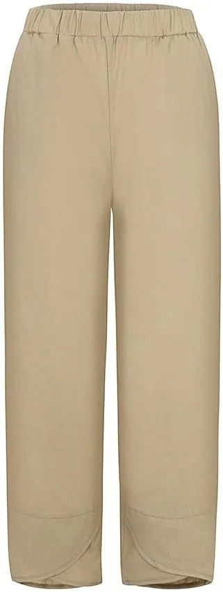 Womens Capri Linen Pants Casual Summer Baggy Wide Leg Beach Pants Elastic High Waist Palazzo Lounge Cropped Trousers