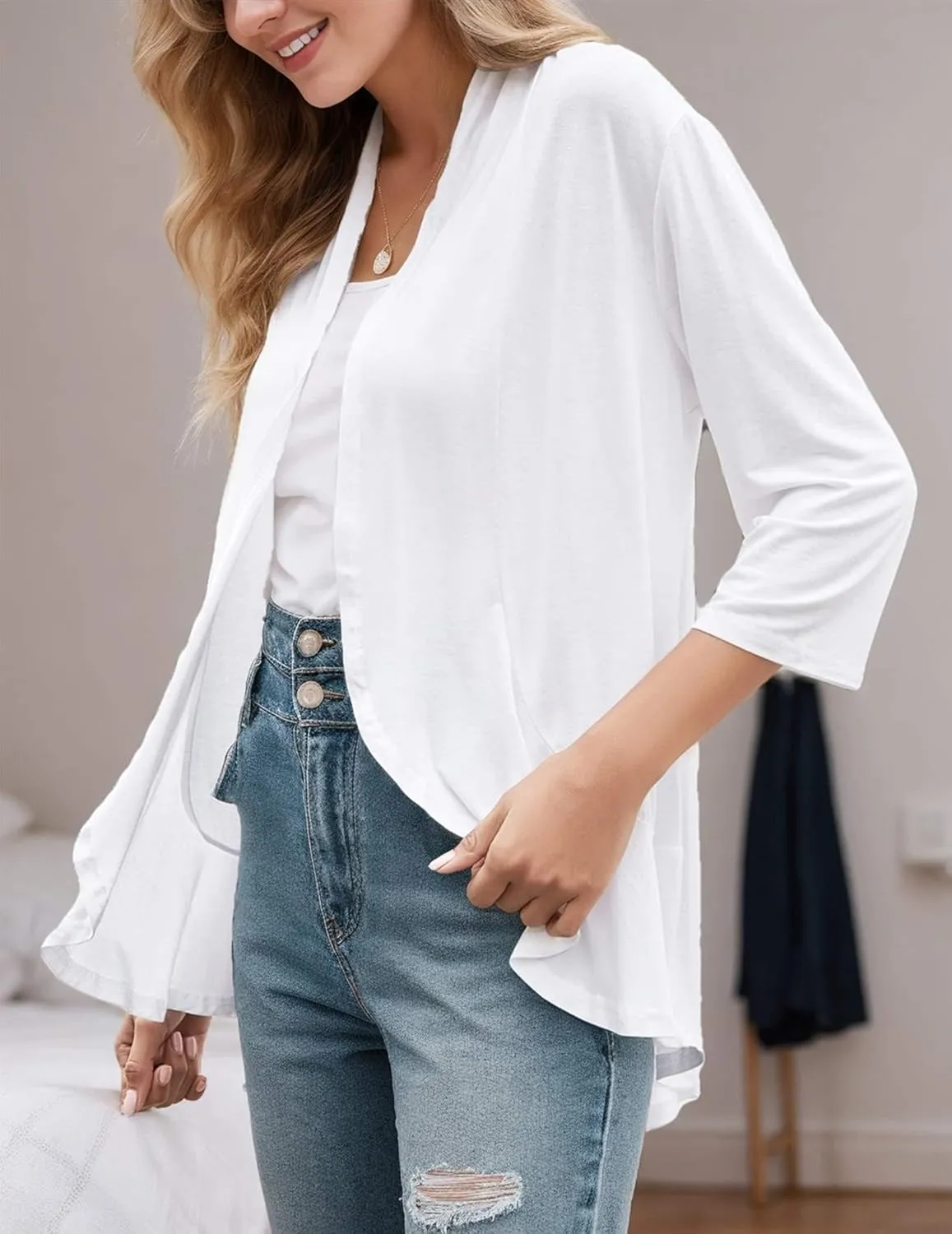 Women's Cardigans Lightweight 3/4 Sleeves Open Front Cardigan Casual Loose Draped Ruffles Knit Sweaters