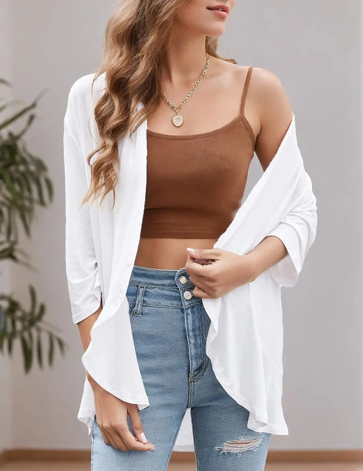 Women's Cardigans Lightweight 3/4 Sleeves Open Front Cardigan Casual Loose Draped Ruffles Knit Sweaters