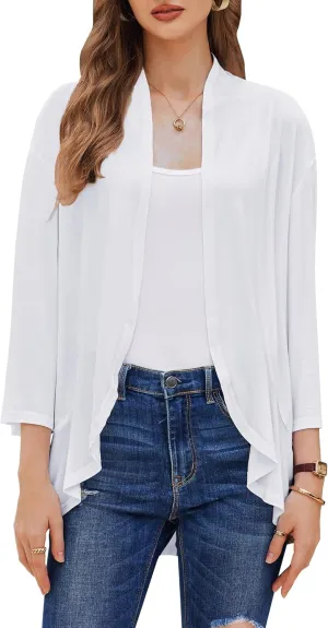 Women's Cardigans Lightweight 3/4 Sleeves Open Front Cardigan Casual Loose Draped Ruffles Knit Sweaters