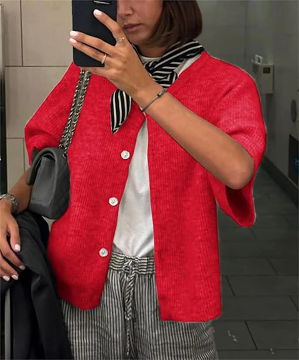 Women's Cardigans Short Sleeve Button Down Cardigan Sweater Y2k Knitted Crop Shirt Top