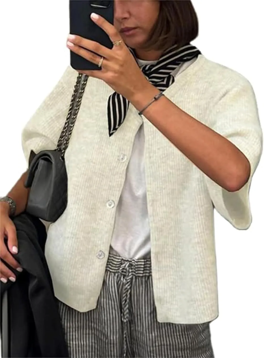 Women's Cardigans Short Sleeve Button Down Cardigan Sweater Y2k Knitted Crop Shirt Top