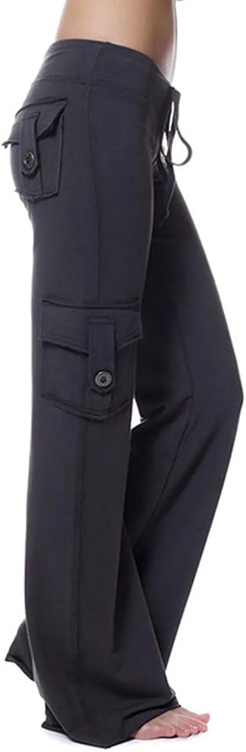 Womens Cargo Pants High Waist Wide Leg Pants with Pockets Casual Button Stretch Yoga Workout Leggings Gym Sweatpants