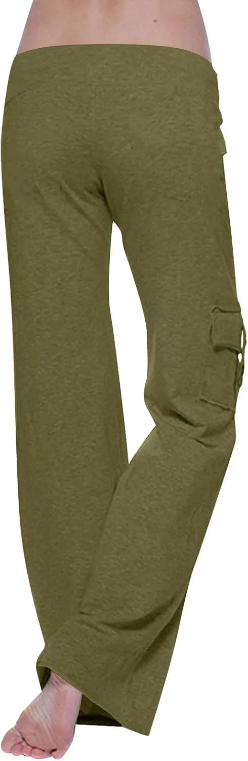 Womens Cargo Pants High Waist Wide Leg Pants with Pockets Casual Button Stretch Yoga Workout Leggings Gym Sweatpants