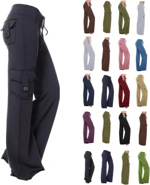 Womens Cargo Pants High Waist Wide Leg Pants with Pockets Casual Button Stretch Yoga Workout Leggings Gym Sweatpants
